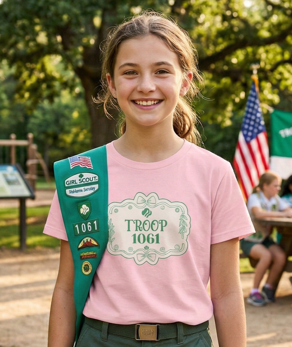 Girl Scout with a green sash and pink shirt standing outdoors with trees and flags in the background.