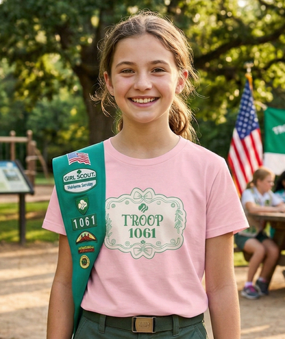 Girl Scout with a green sash and pink shirt standing outdoors with trees and flags in the background.