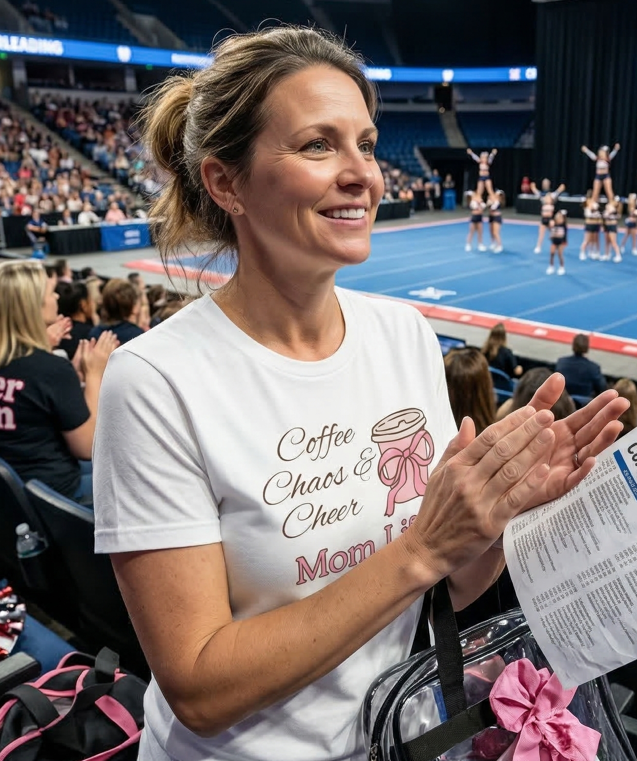 Woman clapping at a sports event with cheerleaders in the background
