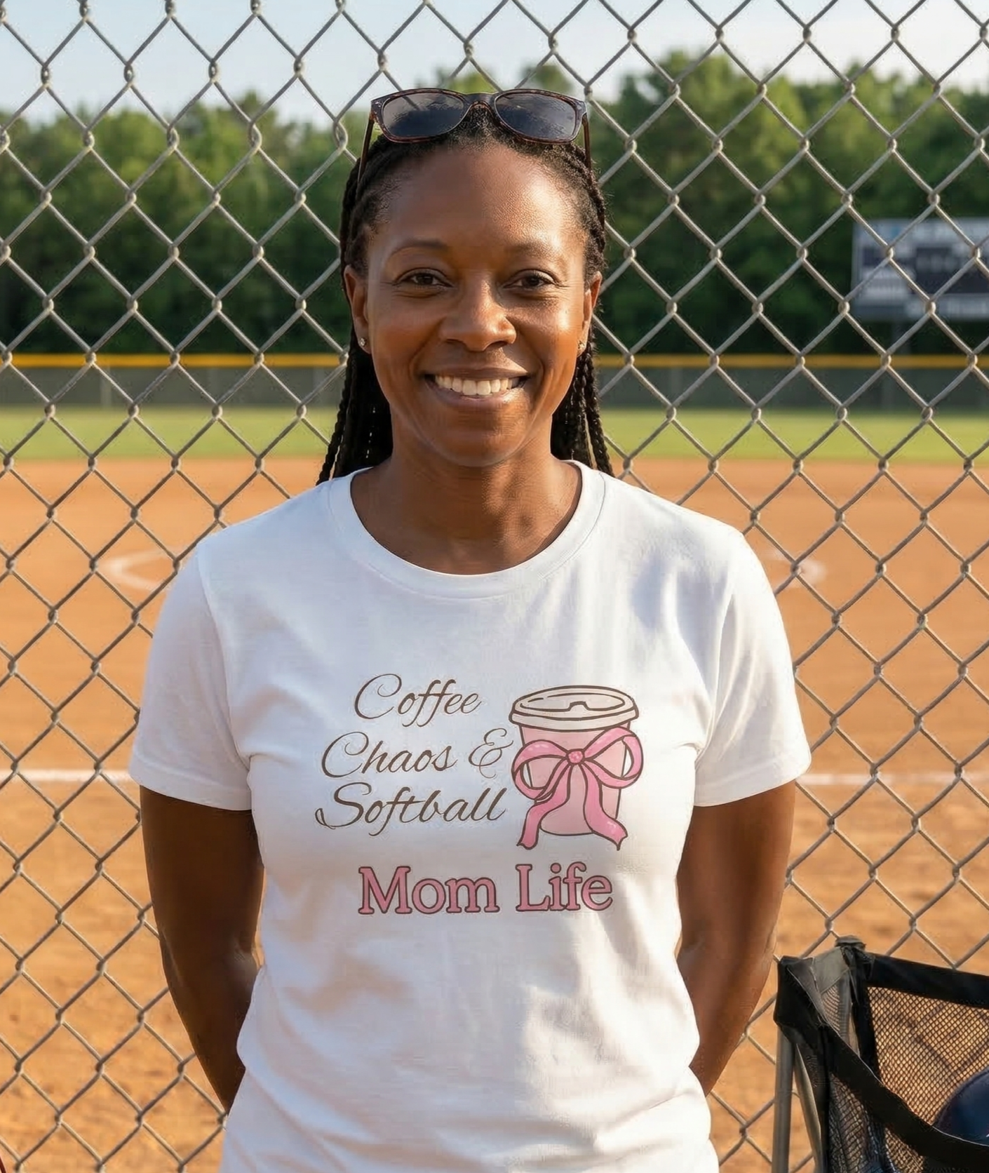 Woman wearing a 'Coffee, Chaos & Softball Mom Life' t-shirt on a baseball field.