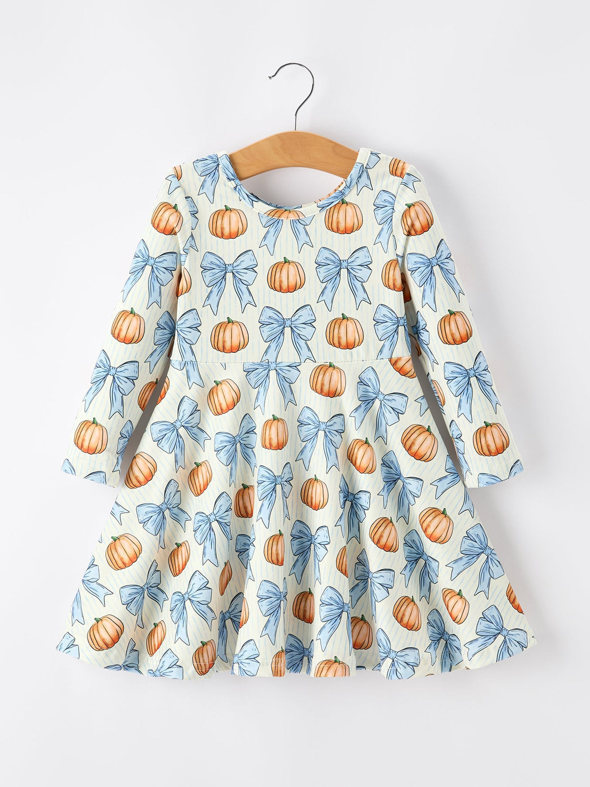 Girls Fall Dress | Blue Bow Pumpkin Print: Back on hanger