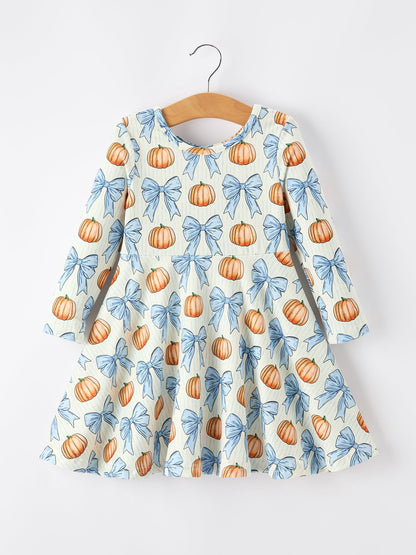 Girls Fall Dress | Blue Bow Pumpkin Print: Back on hanger