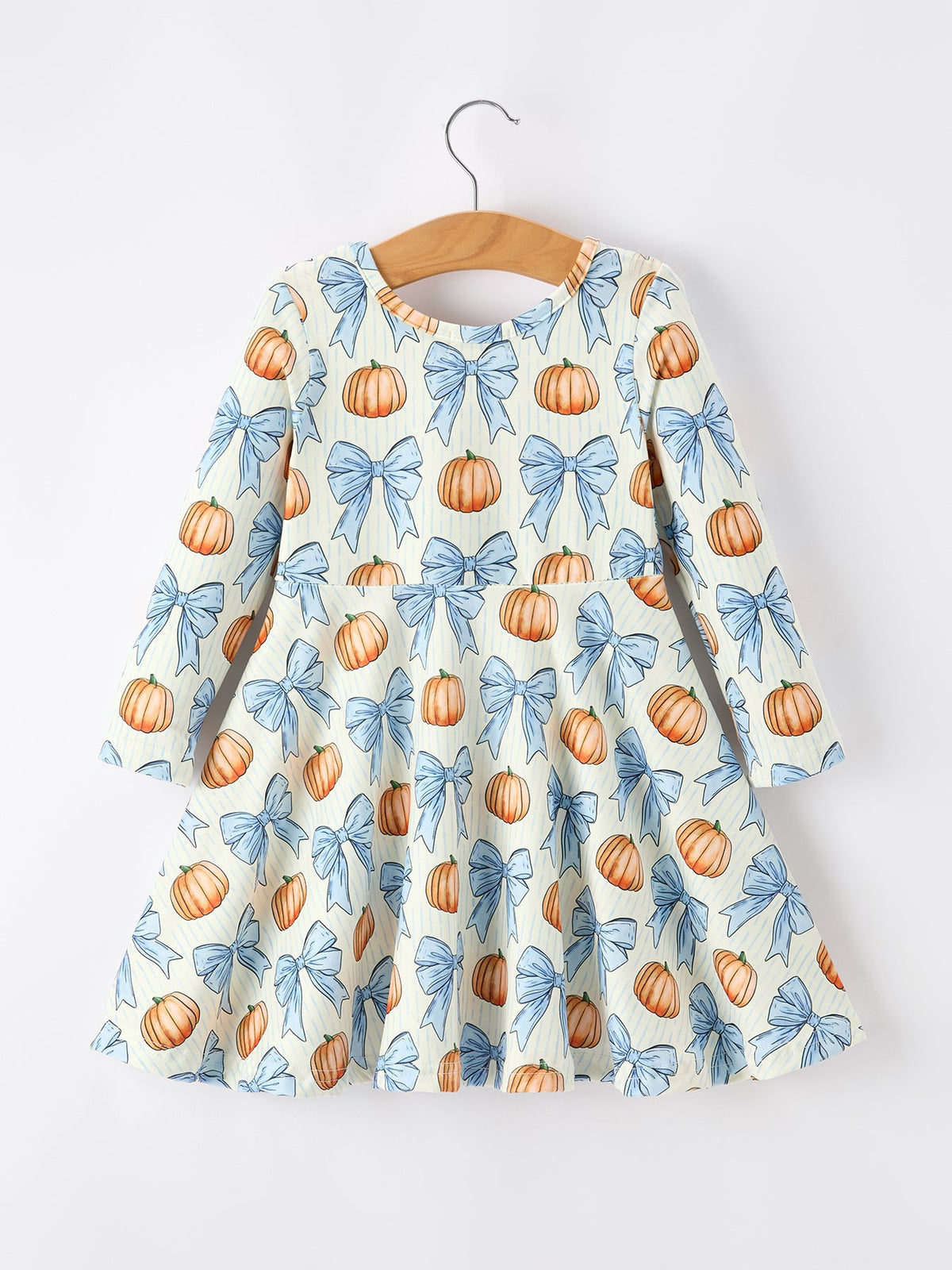 Girls Fall Dress | Blue Bow Pumpkin Print: Front on hanger