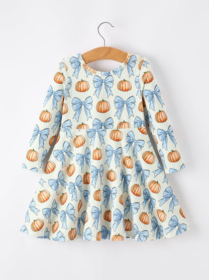 Girls Fall Dress | Blue Bow Pumpkin Print: Front on hanger