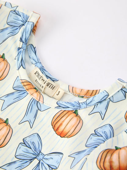 Girls Fall Dress | Blue Bow Pumpkin Print: Round neckline with blue bow print