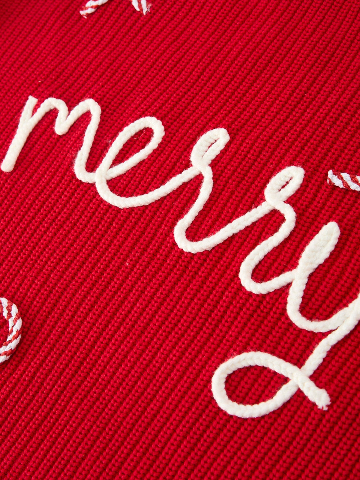 Mommy and Me Sweaters | Red Merry & Bows: Child merry lettering close-up