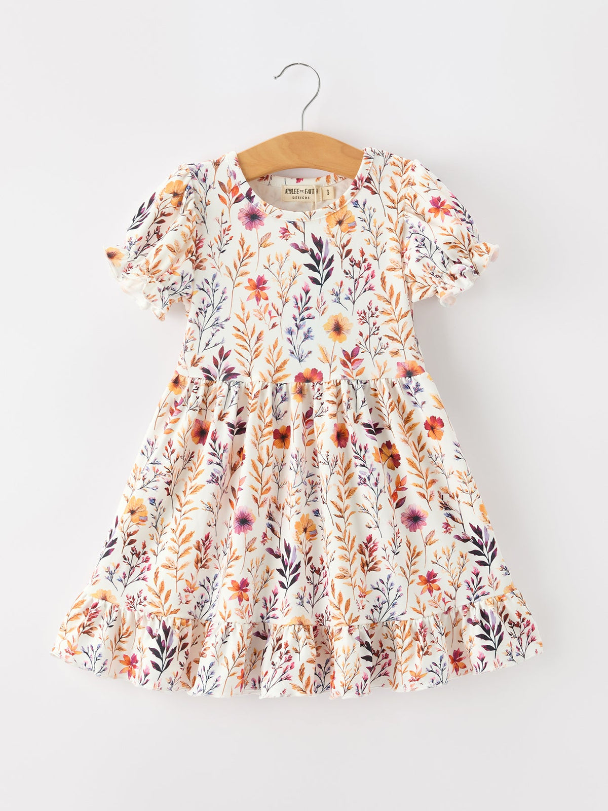 Girls Fall Dress | Floral Puff Sleeve Ruffle: Front on hanger