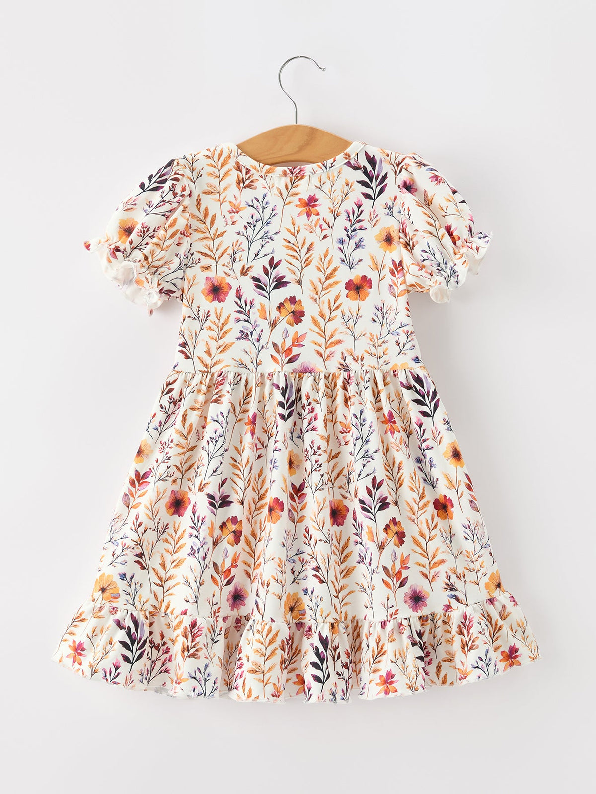 Girls Fall Dress | Floral Puff Sleeve Ruffle: Back on hanger
