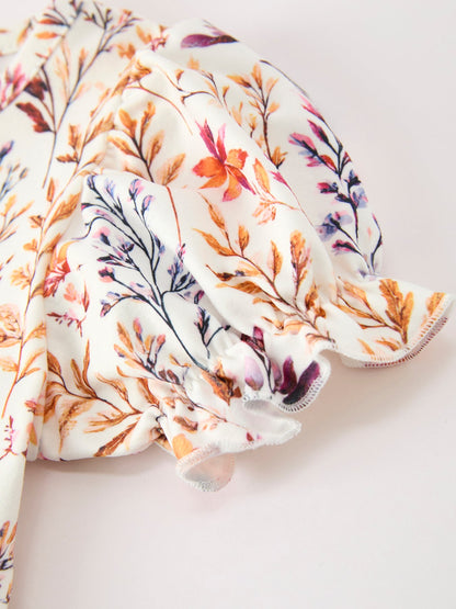 Girls Fall Dress | Floral Puff Sleeve Ruffle: Puff sleeve with ruffle edge