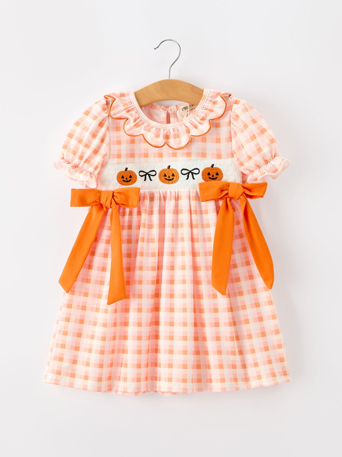 Girls Fall Dress | Halloween Pumpkin Plaid Bow: Front of orange gingham pumpkin dress