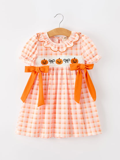Girls Fall Dress | Halloween Pumpkin Plaid Bow: Front of orange gingham pumpkin dress