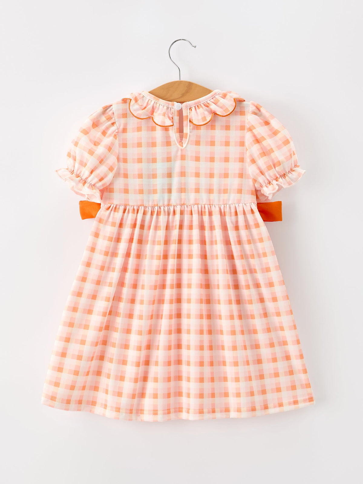 Girls Fall Dress | Halloween Pumpkin Plaid Bow: Back on hanger