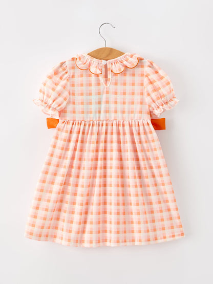 Girls Fall Dress | Halloween Pumpkin Plaid Bow: Back on hanger