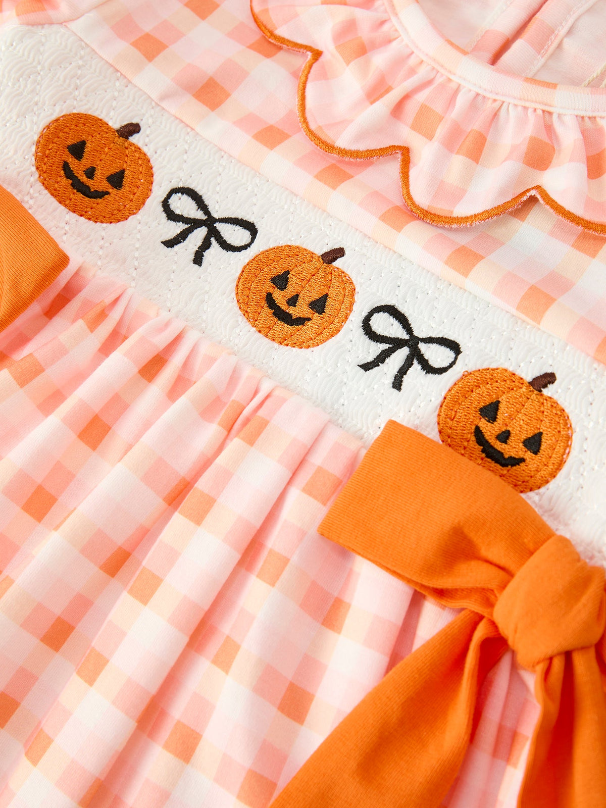 Girls Fall Dress | Halloween Pumpkin Plaid Bow: Smocked pumpkin panel and orange bow