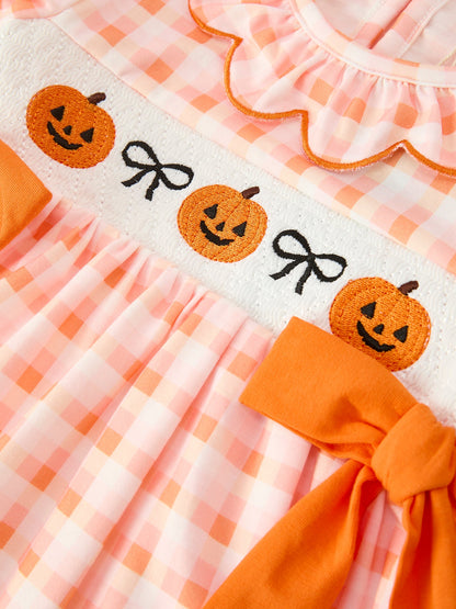 Girls Fall Dress | Halloween Pumpkin Plaid Bow: Smocked pumpkin panel and orange bow