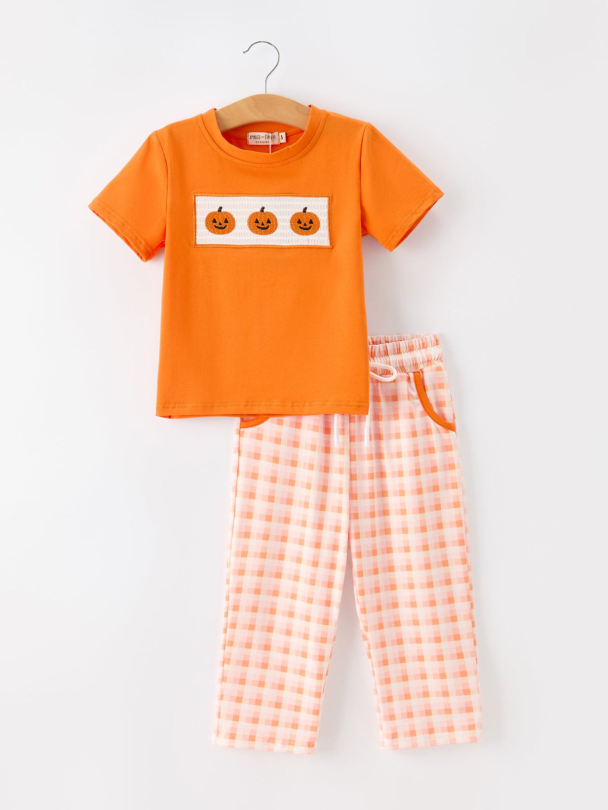 Boys Halloween Outfit | Pumpkin Plaid Pants: Front of orange top and gingham pants
