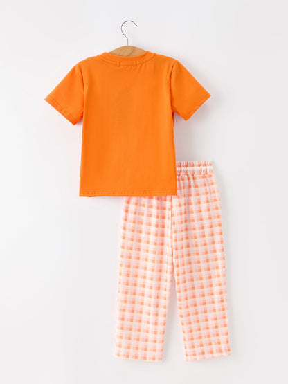 Boys Halloween Outfit | Pumpkin Plaid Pants: Back of top and pants