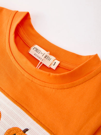 Boys Halloween Outfit | Pumpkin Plaid Pants: Orange round neckline and label