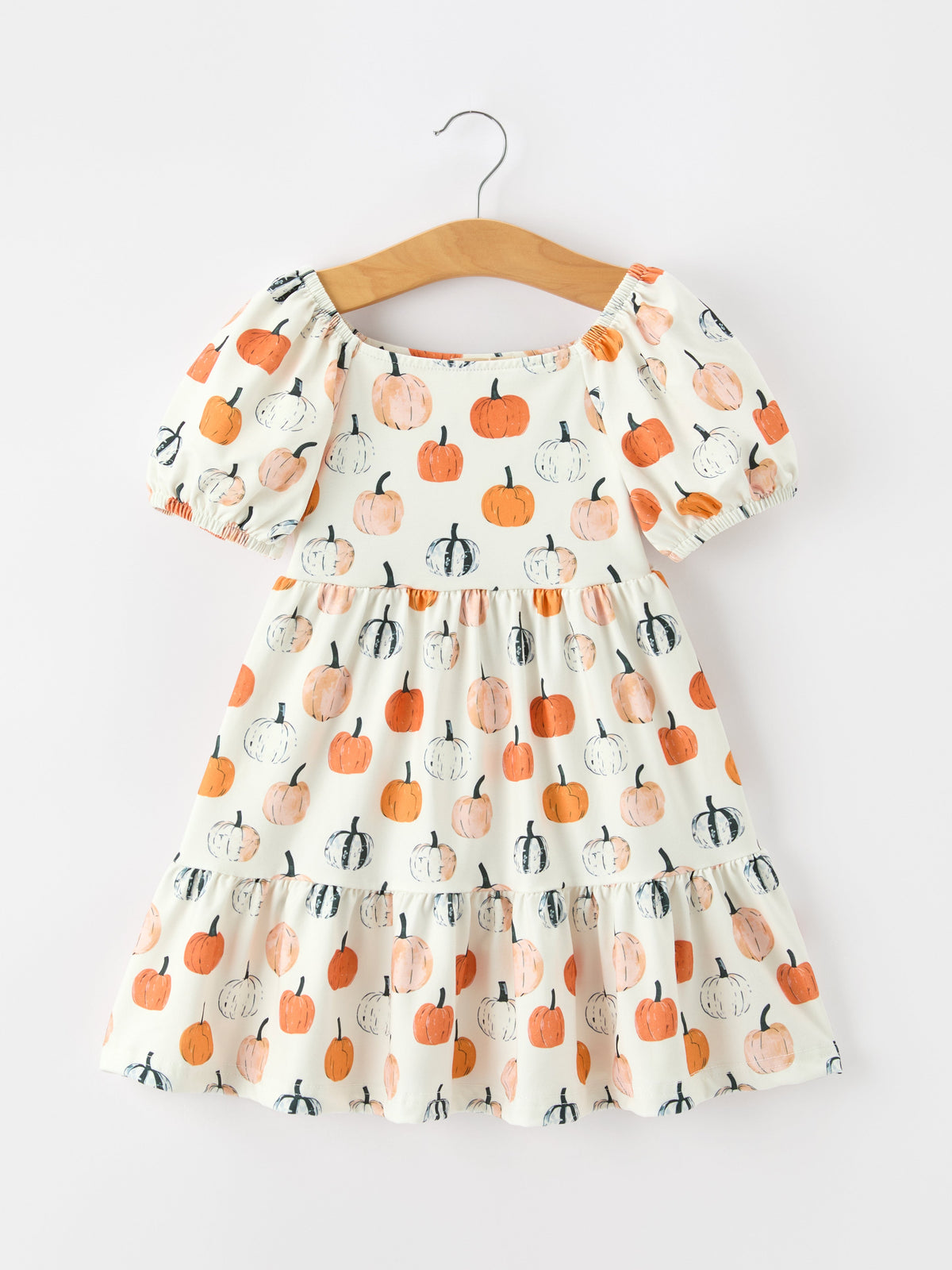 Girls Fall Dress | Pumpkin Puff Sleeves: Front on hanger
