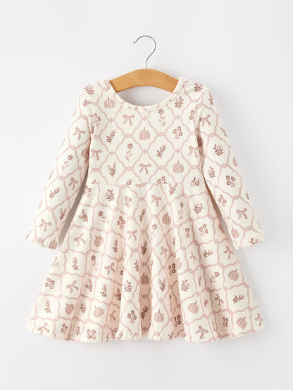 Girls Fall Dress | Pumpkin Bow Twirl: Front on hanger