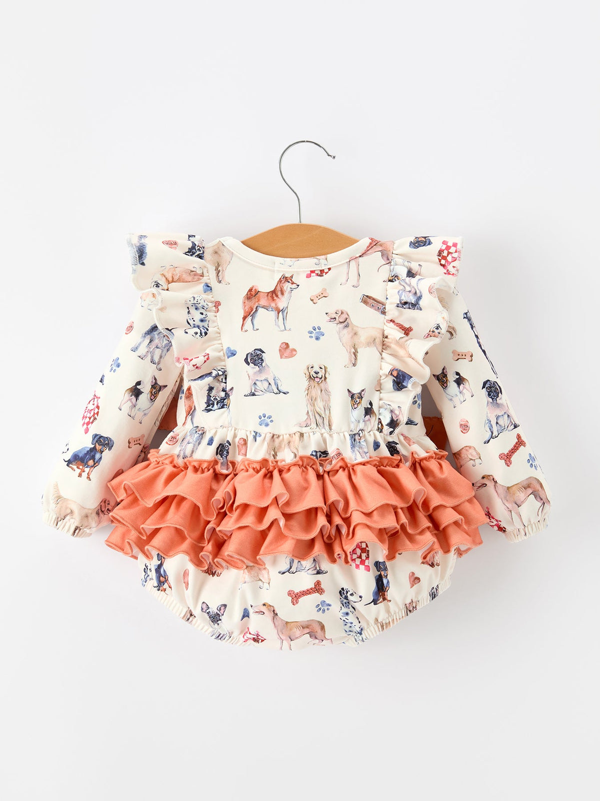 Baby Girl Romper | Fall Dogs & Ruffle Bows: Back on hanger