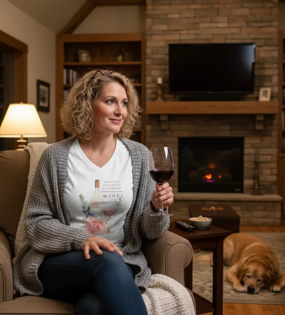 Woman sitting in a cozy living room holding a glass of wine,  t-shirt with a floral design and text "Roses Are Red, Violets are FINE, I'm Staying Home and Drinking WINE" design, with a dog lying on the floor.