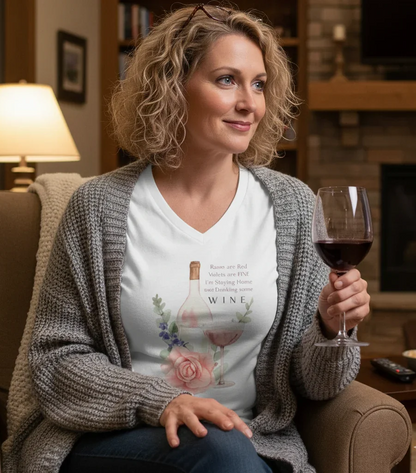 Woman sitting on a couch holding a glass of wine, wearing a t-shirt with a floral design and text "Roses Are Red, Violets are FINE, I'm Staying Home and Drinking WINE" design.