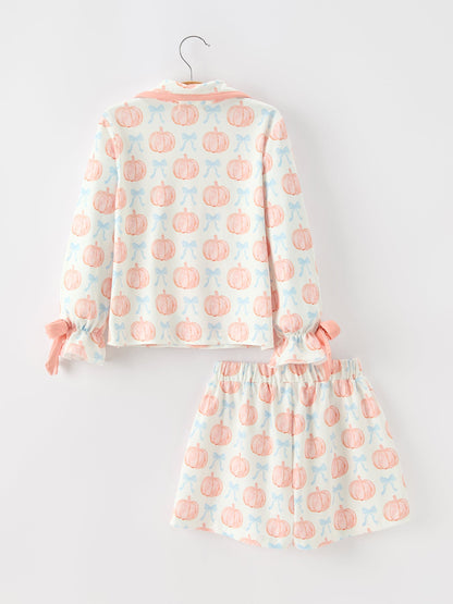 Mommy and Me Pajamas | Pastel Pumpkin Shorts: Adult top and shorts back