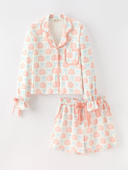 Mommy and Me Pajamas | Pastel Pumpkin Shorts: Child top and shorts front