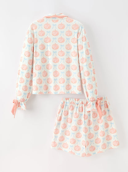 Mommy and Me Pajamas | Pastel Pumpkin Shorts: Child top and shorts back
