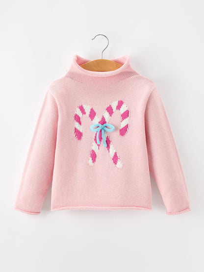 Girls pink cotton candy cane bow knit Christmas sweater, featured product photograph