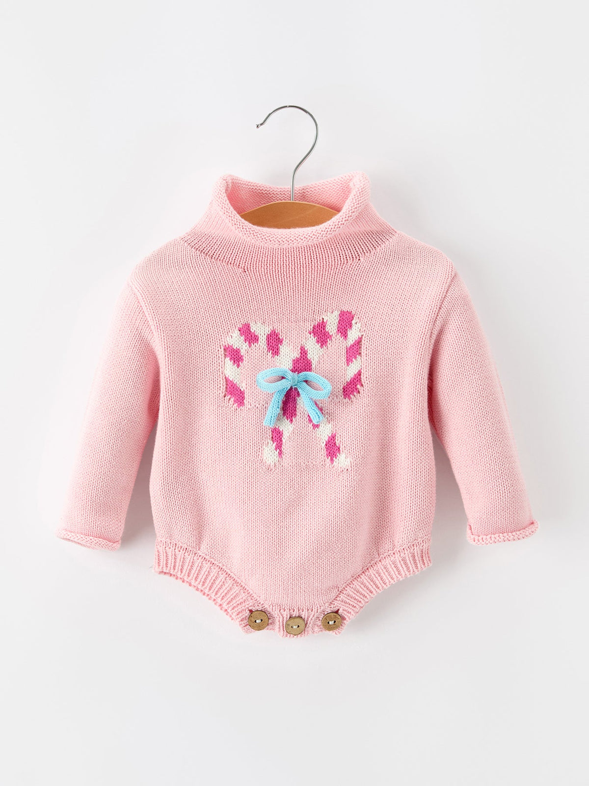 Baby cotton candy cane bow knit Christmas romper, featured product photograph