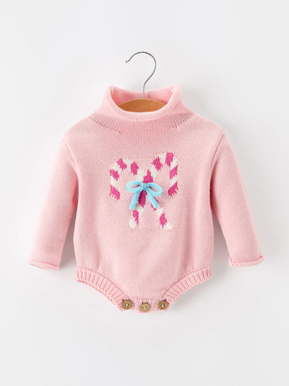 Baby cotton candy cane bow knit Christmas romper, featured product photograph