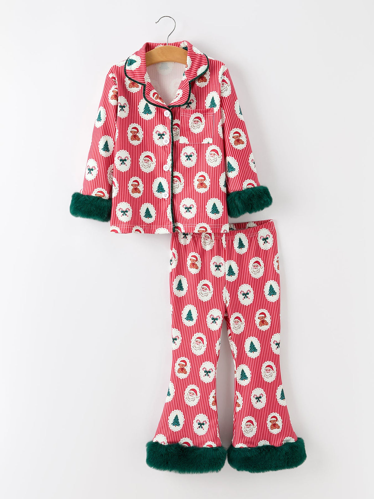 Mommy and Me Pajamas | Santa Faux Fur Trim: Front of top and pants