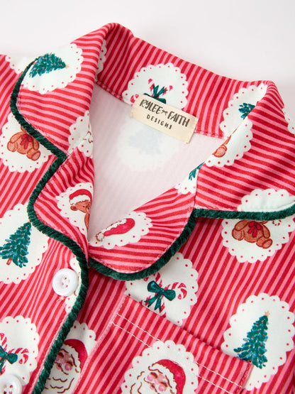 Mommy and Me Pajamas | Santa Faux Fur Trim: Collar and holiday portrait print close-up