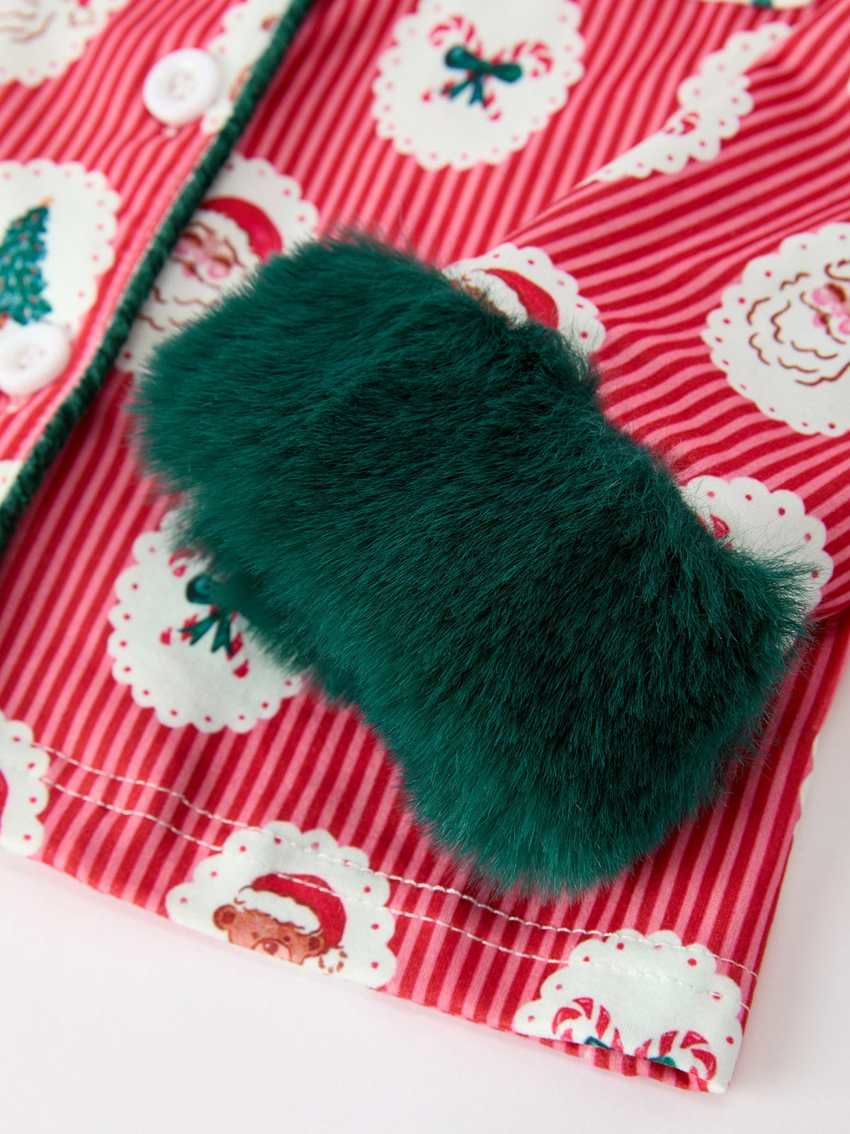 Mommy and Me Pajamas | Santa Faux Fur Trim: Green faux fur cuff detail