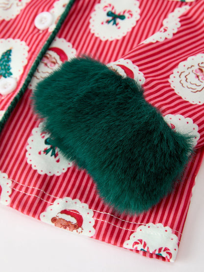 Mommy and Me Pajamas | Santa Faux Fur Trim: Green faux fur cuff detail