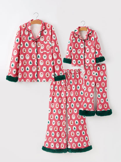 Mommy and Me Pajamas | Santa Faux Fur Trim: Matching adult and child sets on hangers