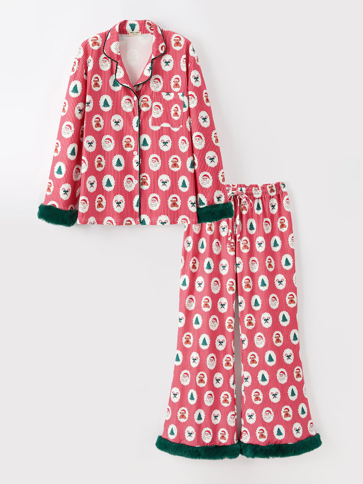 Mommy and Me Pajamas | Santa Faux Fur Trim: Alternate front view of top and pants