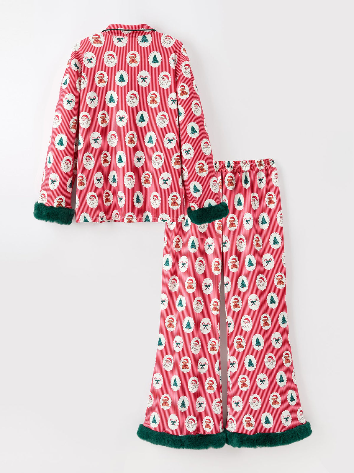 Mommy and Me Pajamas | Santa Faux Fur Trim: Alternate back view of top and pants
