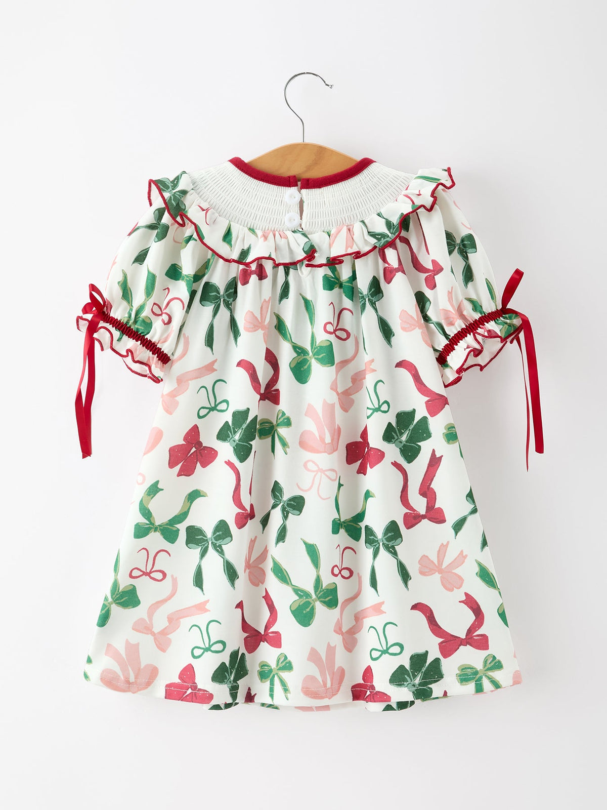 Girls Holly Jolly smocked ruffle dress with watercolor bows, additional product photograph 2
