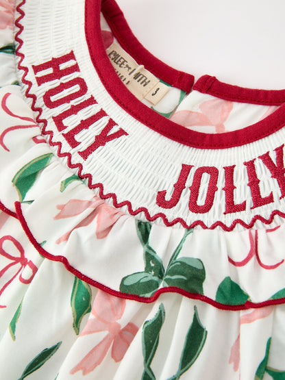 Girls Holly Jolly smocked ruffle dress with watercolor bows, additional product photograph 3