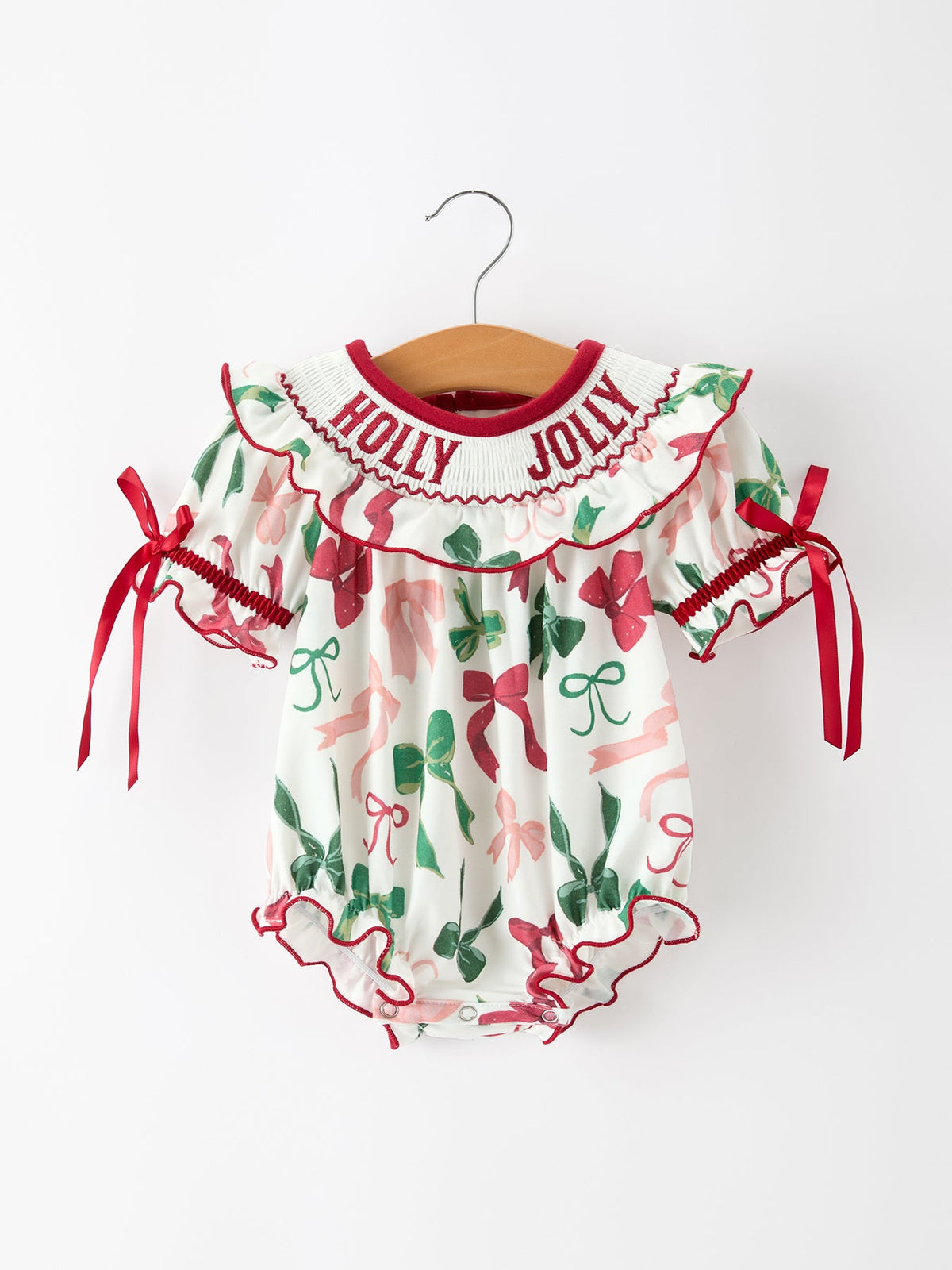 Baby Holly Jolly bubble romper with embroidered neckline and snaps, featured product photograph