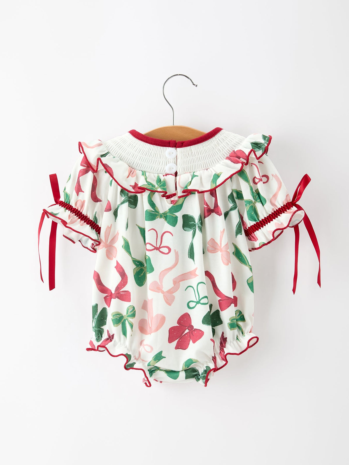 Baby Holly Jolly bubble romper with embroidered neckline and snaps, additional product photograph 2