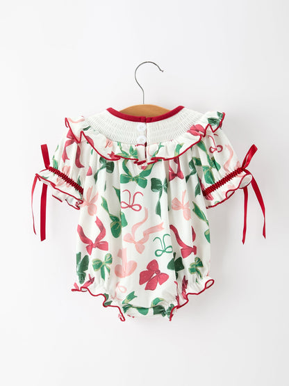 Baby Holly Jolly bubble romper with embroidered neckline and snaps, additional product photograph 2