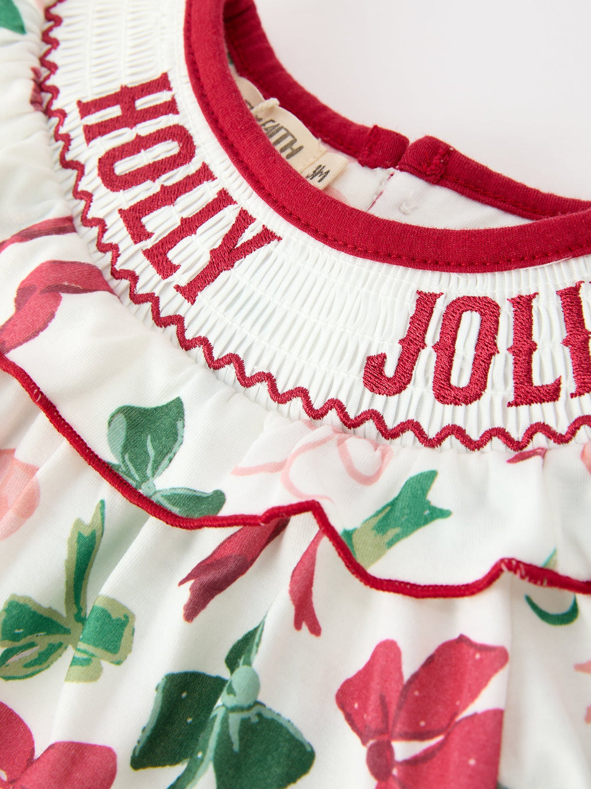 Baby Holly Jolly bubble romper with embroidered neckline and snaps, additional product photograph 3