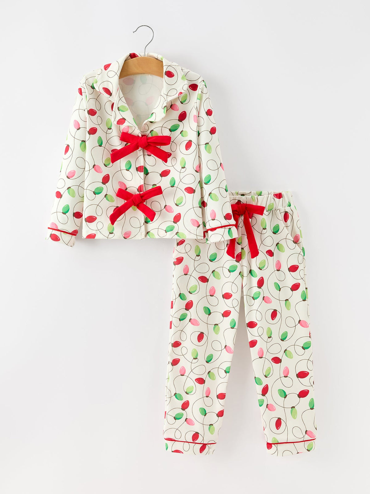 Girls Christmas Pajamas | Lights & Bow Ties: Front of Christmas light top and pants