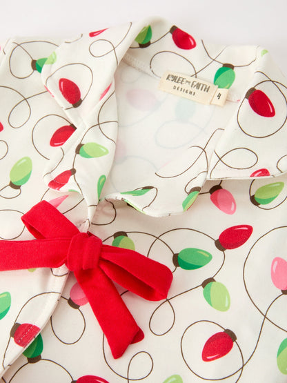 Girls Christmas Pajamas | Lights & Bow Ties: Collar and colorful bulb print