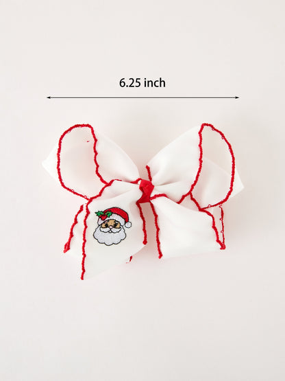Christmas Hair Bow | Santa Embroidered 6.25 Inch: White bow showing 6.25-inch width
