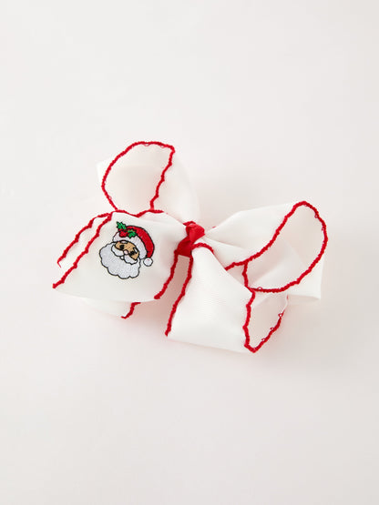 Christmas Hair Bow | Santa Embroidered 6.25 Inch: White bow angled view